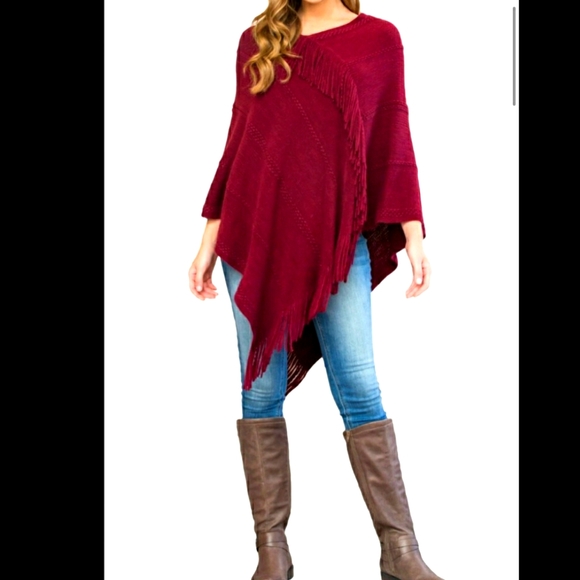 Wine Red Poncho w/ Tassles - Picture 2 of 4
